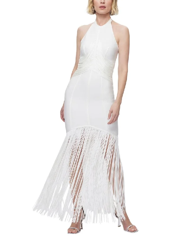 Chic Style, Always In Vogue Hervé Léger Draped Waist Halter Fringe Gown Effortless Grace