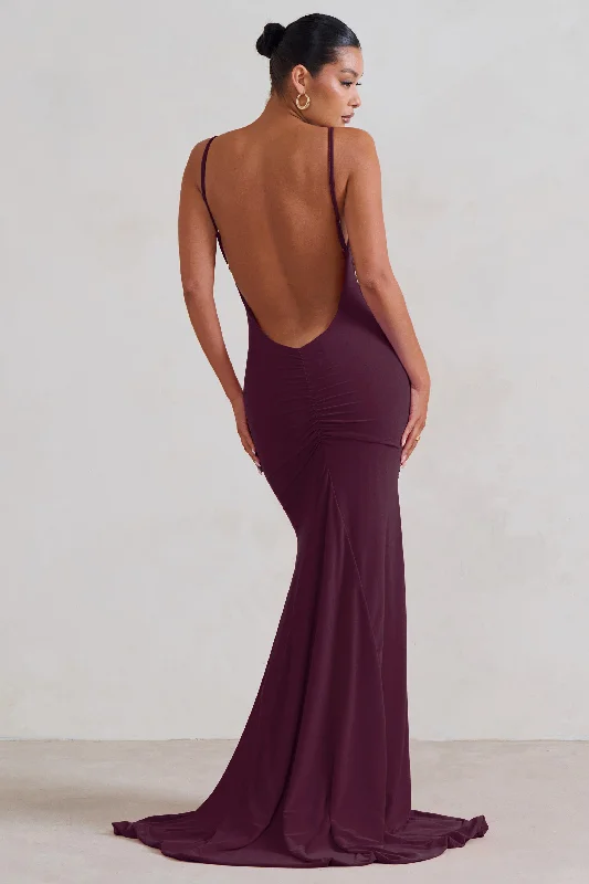 Hot Items Adele | Plum Backless Ruched Fishtail Cami Maxi Dress Vintage Elegance