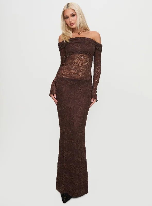 Clearance Event Make Your Mark Off Shoulder Maxi Dress Chocolate Today Only