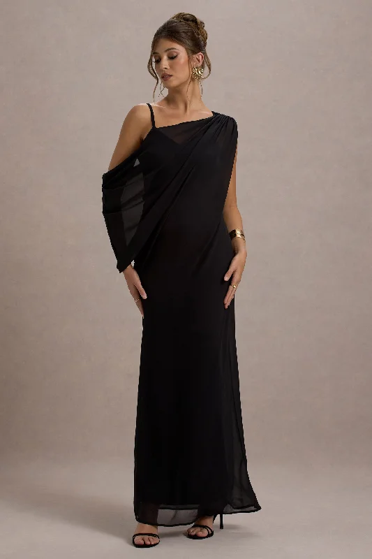 Flash Sale Now Aeliana | Black Strappy V-Neck Maxi Dress With Chiffon Sash Effortless Style