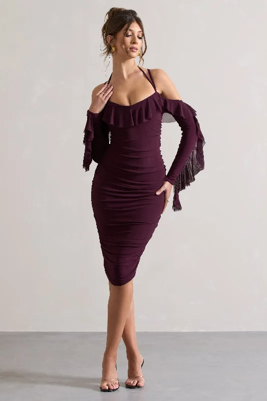 Save Big Quinn | Dark Cherry Ruched Strappy Long-Sleeved Midi Dress With Ruffles Weekend Special