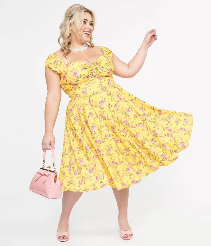 Hot Styles Plus Size 1950s Yellow & Fuchsia Floral Victoria Swing Dress Coastal Beach - Inspired Style