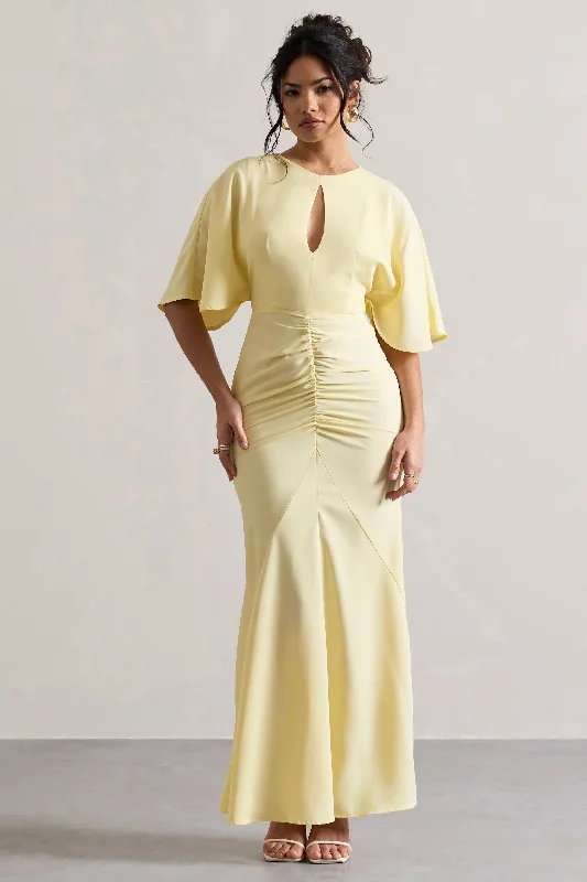 Limited Stock, Big Discounts Elidy | Pastel Yellow Ruched Flutter-Sleeve Cut-Out Maxi Dress Cottagecore Rustic Charm Style