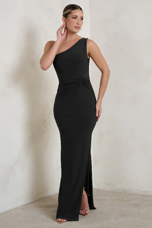 Cozy Chic Promotions Kary | Black One Shoulder Thigh Split Maxi Dress Feminine Soft - Hued Look