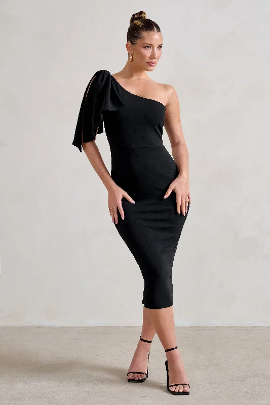 Latest Fashion Samantha | Black One Shoulder Bow Detail Midi Dress Big Savings on Minimalist Office Styles