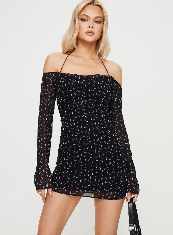 Cool Prices Tisha Off The Shoulder Mini Dress Black Floral Rustic Countryside Charm Look