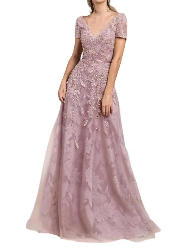 Fashionista Favorites Pearl Berry Embellished A-Line Gown In Mauve Lightweight Fabric