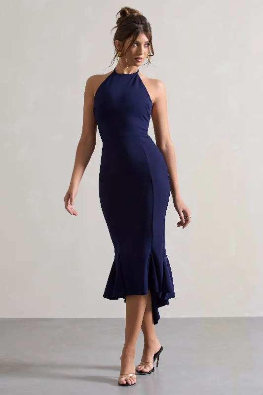 Sophisticated Street Style Offers Maluma | Navy Halter-Neck Midi Dress Feminine Grace