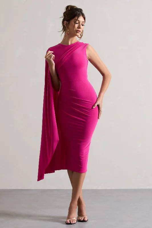 High-End Style Discounts Reveal | Dark Pink One-Sleeve Cape Midi Dress Effortless Comfort