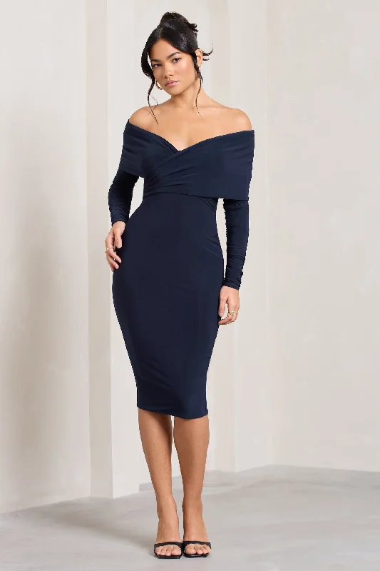 Elegant Fashion Offers Flatter Me | Navy Twist Front Bardot Midi Dress Timeless Elegant