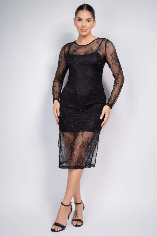 Casual Chic Lace Rhinestone-studded Slit Midi Dress Sleek Design