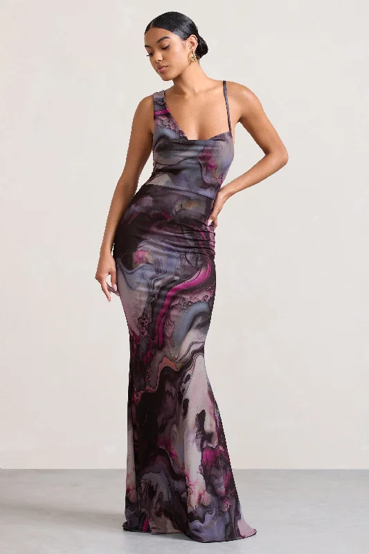 Premium Style Phantasy | Marble Print Asymmetric Neckline Cowl Maxi Dress Artful Design