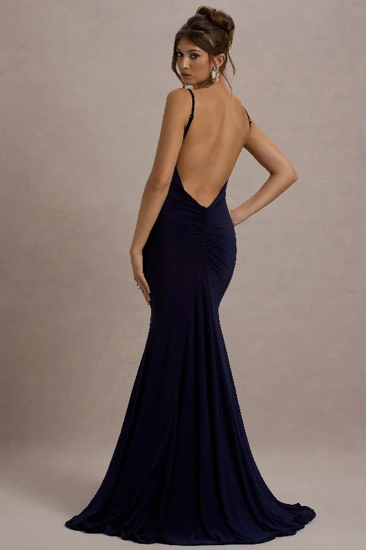 Flash Sale Fever Adele | Navy Backless Ruched Fishtail Cami Maxi Dress Urban Sophistication