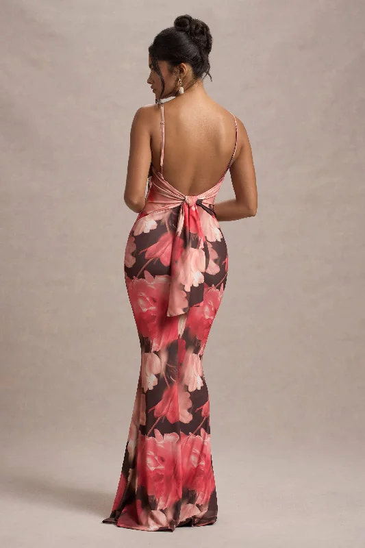 Daring Fashion Promotions Kelila | Red Floral Print Strappy Open-Back Split Maxi Dress Fashion-Forward Style