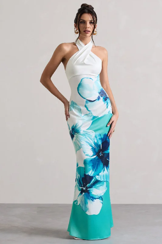 Style Redefined Tropicana | Blue Floral Satin Cross Over Halterneck Maxi Dress Feminine Allure