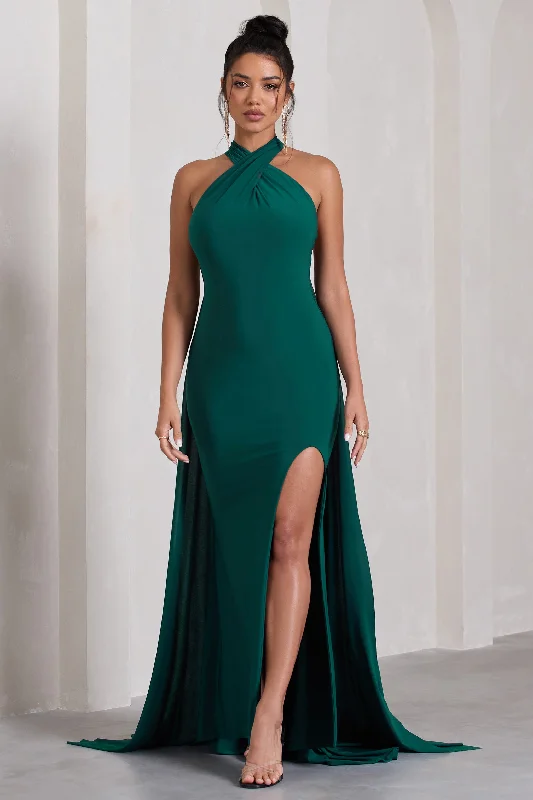 Trendy Looks On Sale Intertwined | Bottle Green Halter-Neck Open-Back Split Maxi Dress With Scarf Detail Feminine Charm