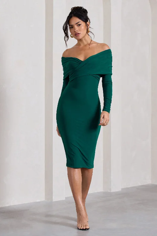 Trend Forward Threads Flatter Me | Bottle Green Twist Front Bardot Midi Dress Elegant Ensemble