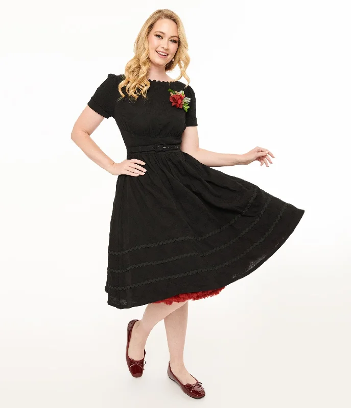 Bid Farewell To The Old Season Unique Vintage 1950s Black Holiday Floral Pin Cotton Swing Dress Cottagecore Rustic Charm Style