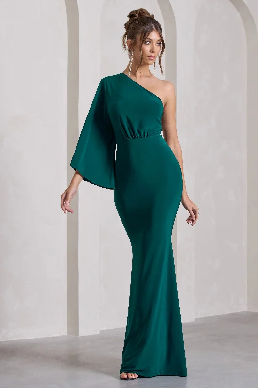 Glamorous Fashion Offers Luciana | Bottle Green One Shoulder Drape Sleeve Maxi Dress Graceful Drape