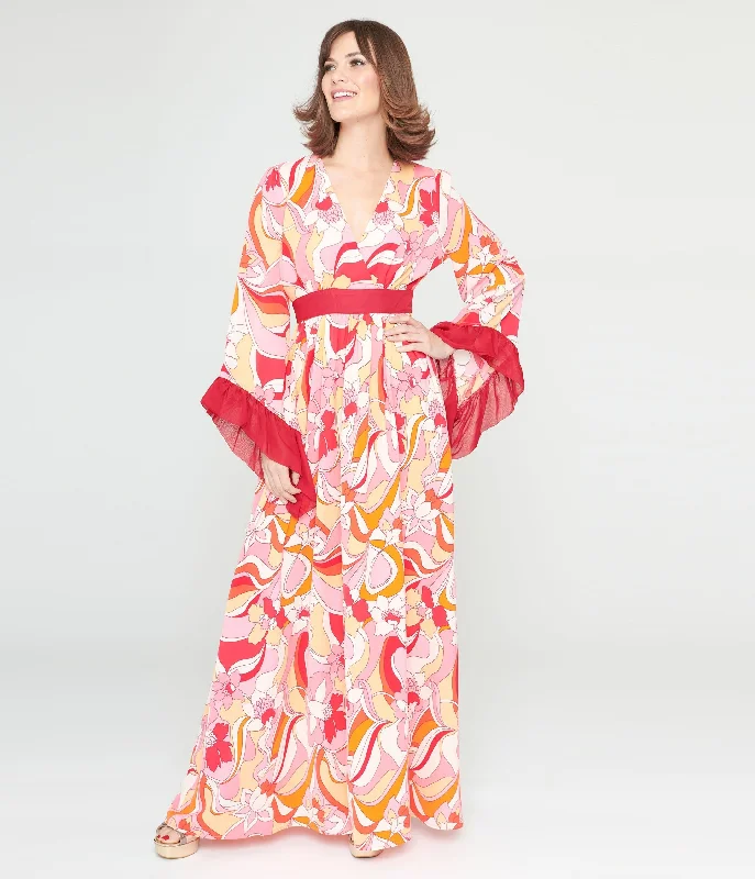 Crazy Price Slashing Unique Vintage 1970s Pink & Red Psychedelic Floral Maxi Dress Elegant Contour