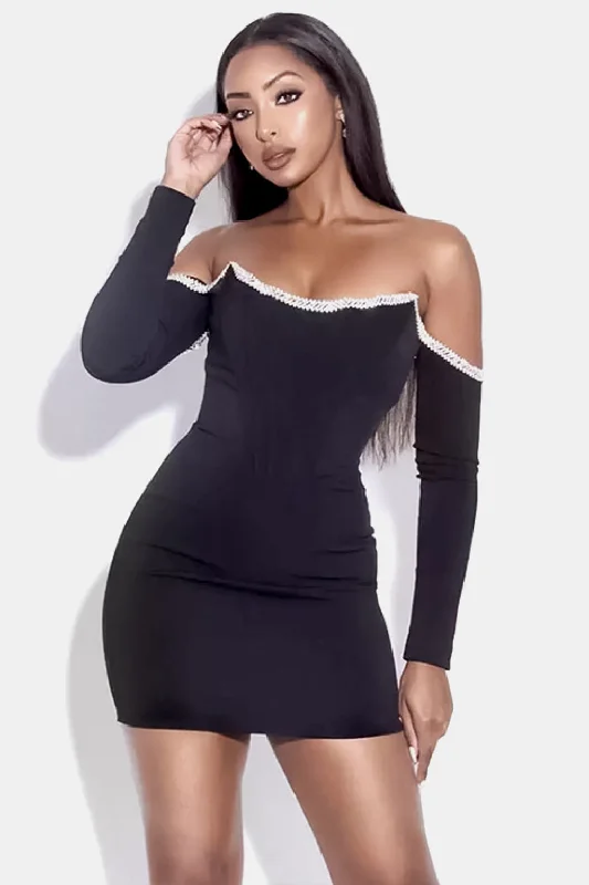 End Of Season Sale Hot Girl Rhinestone Trim Off-Shoulder Sleeved Bandage Mini Dress Vibrant Prints