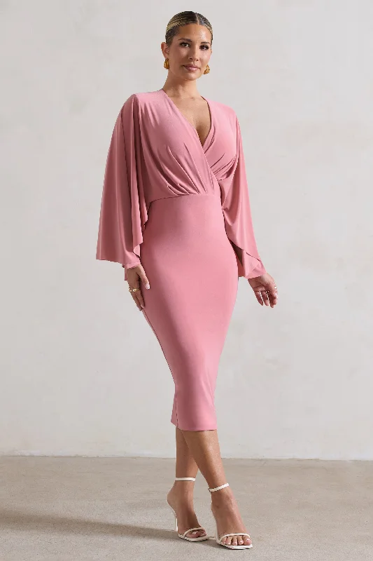 Everyday Elegance Sale Mishka | Blush Pink Plunge-Neck Cape Midi Dress Modern Romance