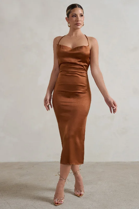 Luxury Casual Deals Aja | Copper Cowl Cami Midi Dress With Waist Tie Statement Piece