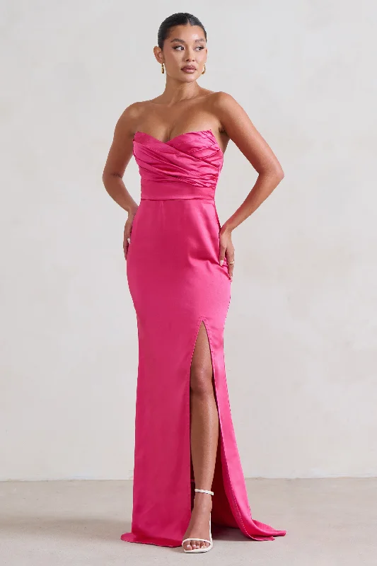 Fashion Essentials Coraline | Hot Pink Strapless Maxi Dress With Split Classic Appeal