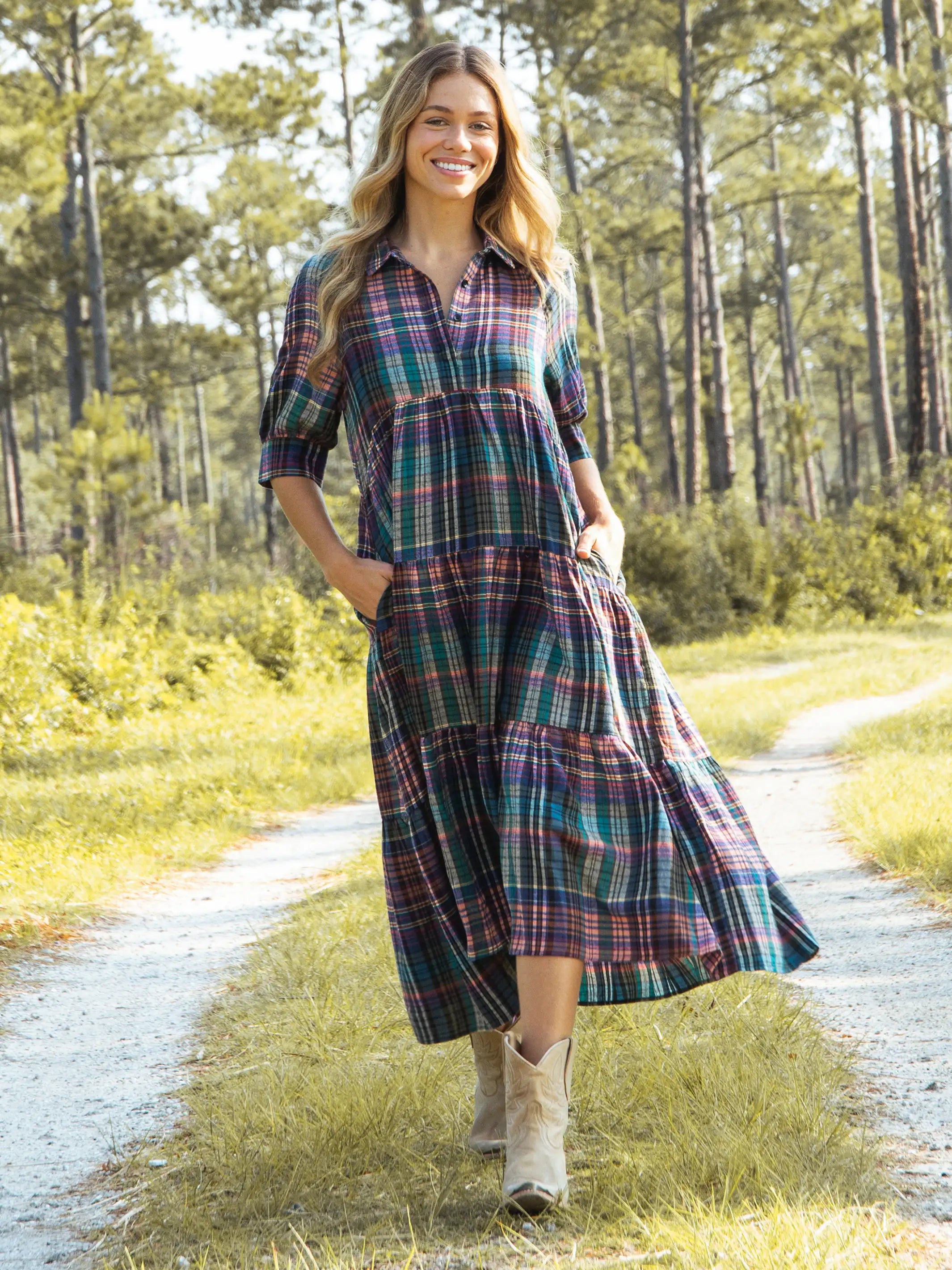 Browse Our Top Products Rebecca Flannel Midi Dress - Rainbow Plaid Final Clearance