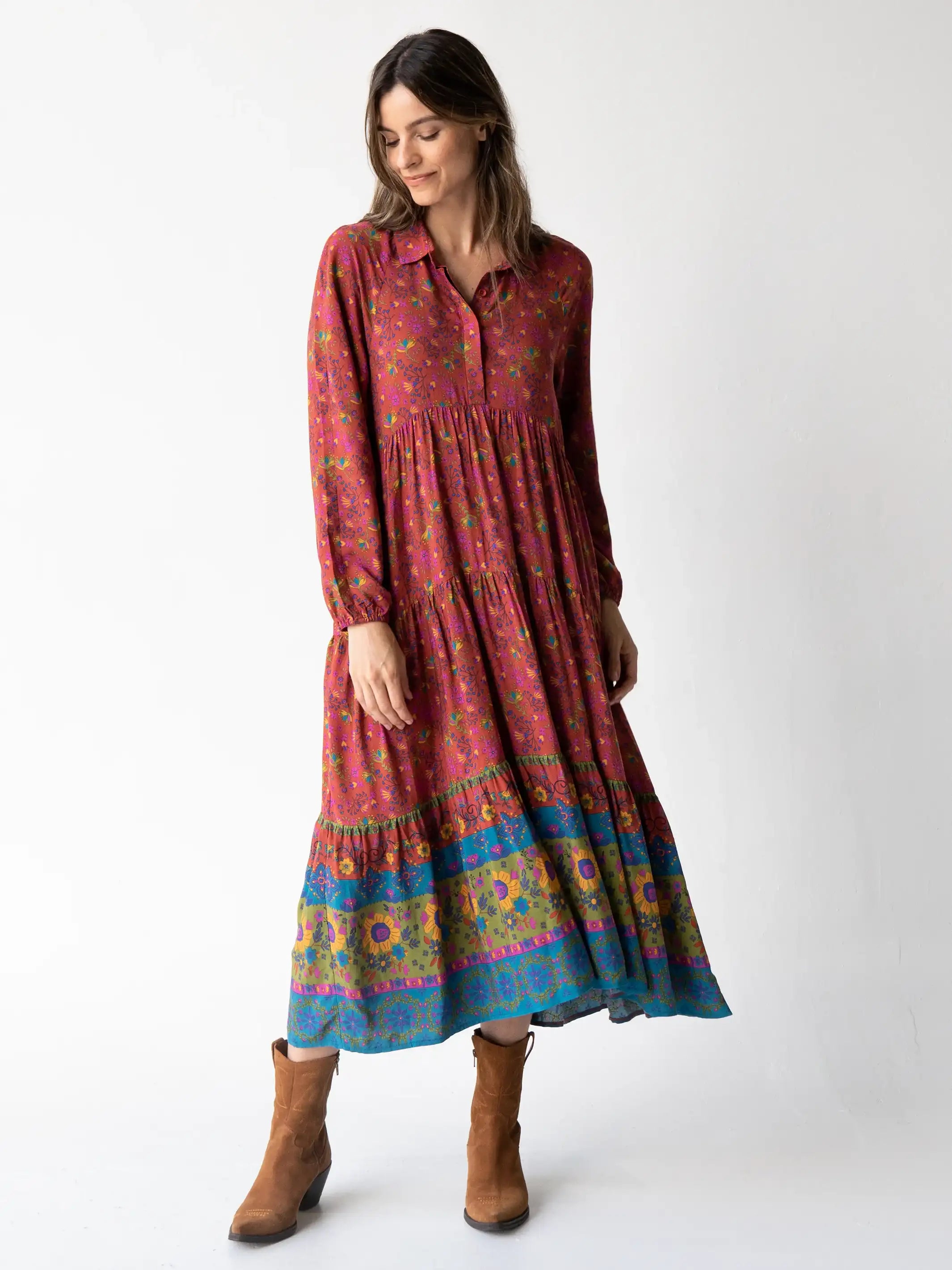 Flash Sale Now Rebecca Long Sleeve Midi Dress - Sunflowers Red Clay Disco - Inspired Retro Dance Look