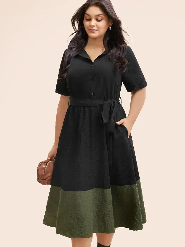 Hot Picks Shirt Collar Contrast Patchwork Belted Midi Dress Save on Classic Elegant Styles