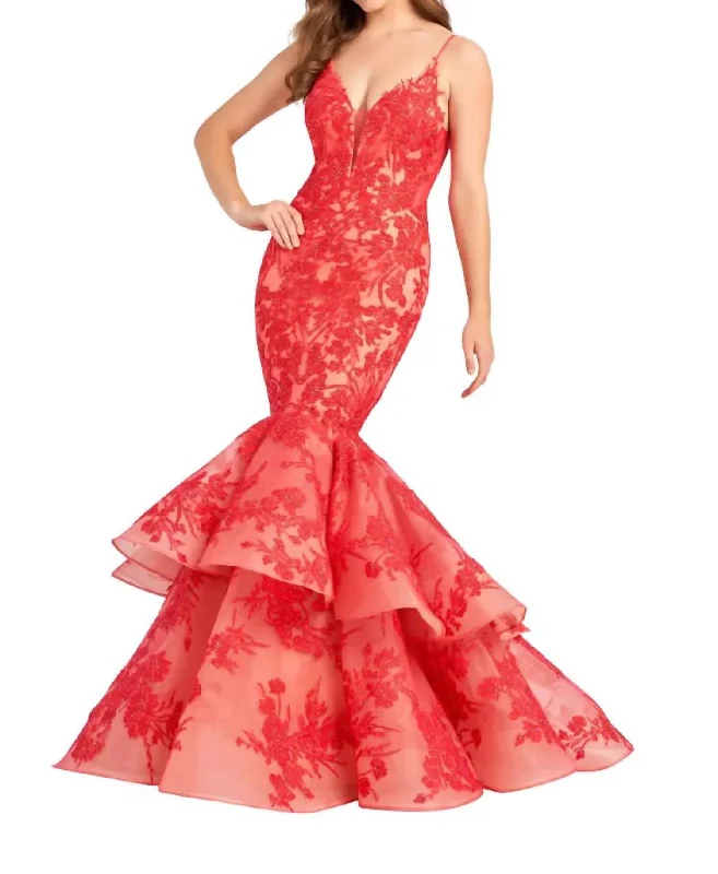 Sporty Fashion Offers Plunging V-Neck Mermaid Gown In Strawberry Romantic Detailing