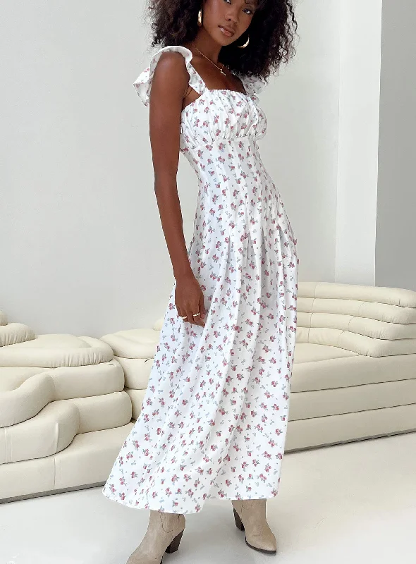 New In This Season Alver Maxi Dress White Floral Disco - Inspired Retro Dance Look