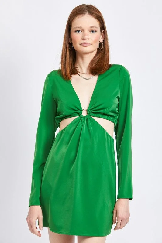 Discover Now Hot Girl Emerald City Cutout Long Sleeve Mini Dress In Green Graceful Drape