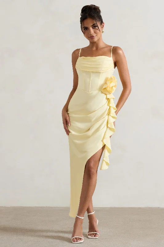 Unleash Your Style On The List | Lemon Asymmetric Corset Maxi Dress With Floral Drape Casual Chic