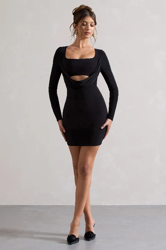 Classic Elegance Sales Last Call | Black Cowl-Neck Long-Sleeve Mini Dress Casual Chic