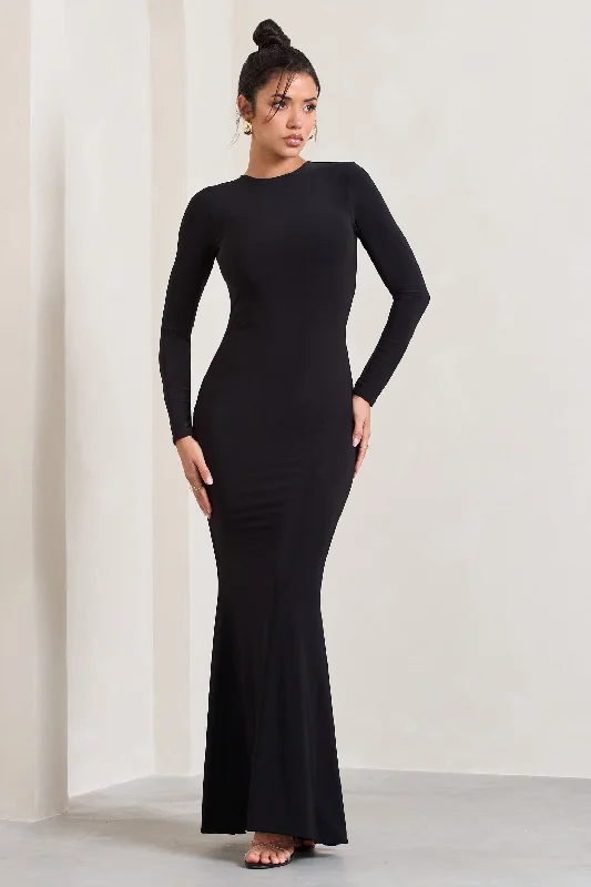 Trendy Street Style Donna | Black Long-Sleeved Open-Back Maxi Dress Elegant Details