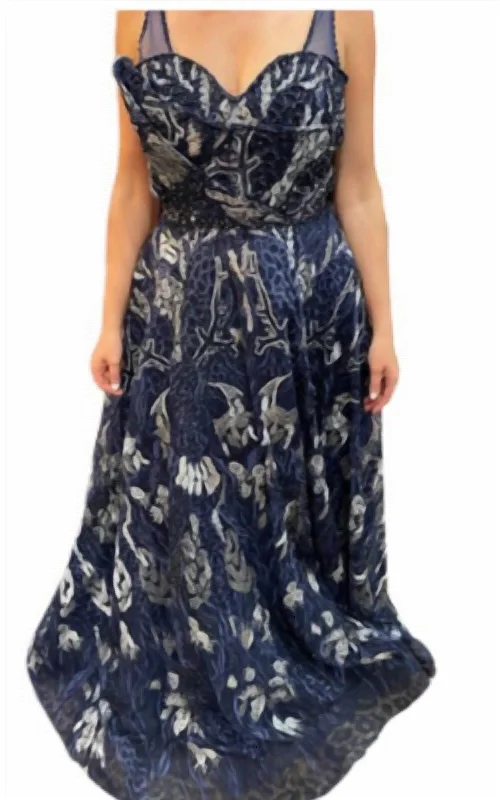 Flash Sale Starts Beaded And Lace Applique Ballgown In Navy Dreamy Draping