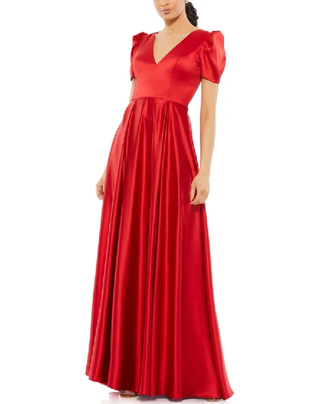 Day-To-Night Styles Mac Duggal V Neck Cap Puff Sleeve Satin Gown Boho Chic