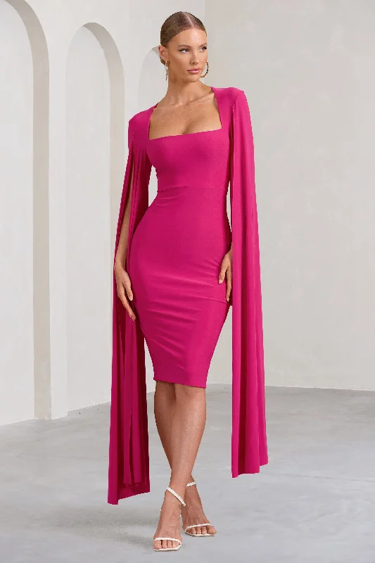 Seasonal Fashion Flawless | Hot Pink Square Neck Midi Dress With Cape Sleeves Ethnic Cultural Event Wear