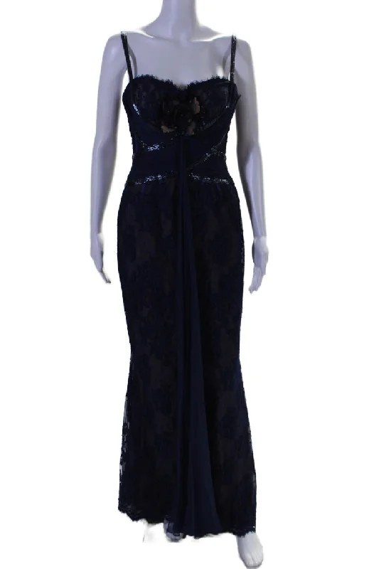 Timeless Style Promotions Zuhair Murad Womens Back Zip Beaded Lace Sweetheart Gown Navy Blue Weekend Special