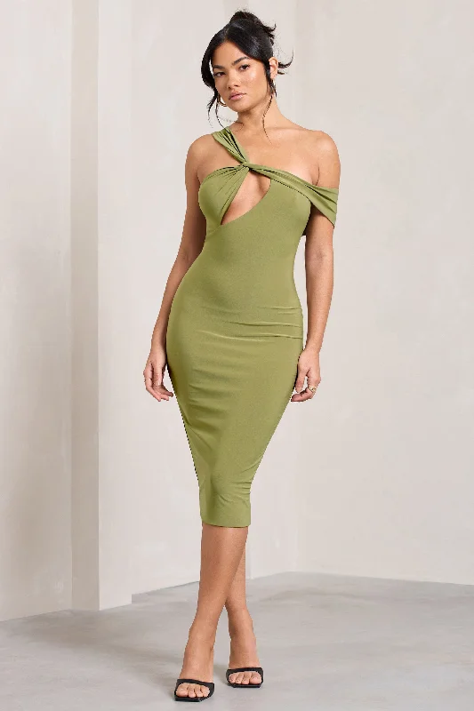 Limited Stock, Big Sale Ella | Olive Asymmetric Neck Cut Out Midi Dress Casual Chic