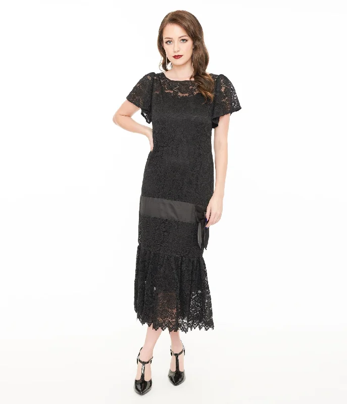 Chic Style, Always In Vogue Unique Vintage 1920s Black Floral Lace & Bow Flapper Dress Save on Classic Elegant Styles