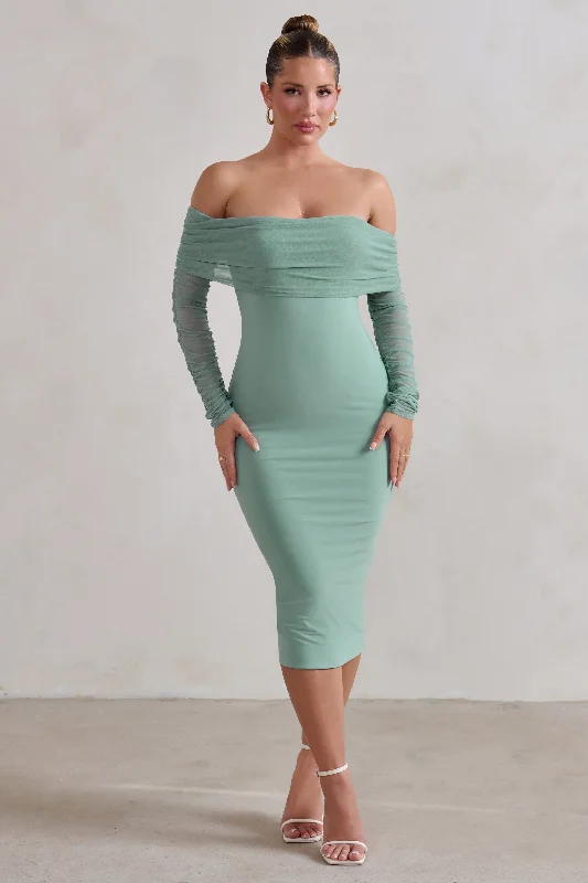 Trendy Styles Only You | Sage Ruched Mesh Bardot Midi Dress Romantic Date - Night Ensemble