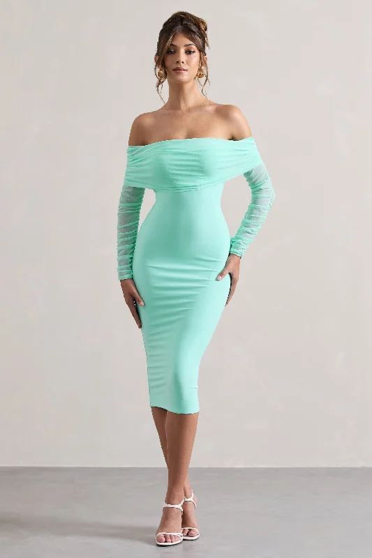 Big Savings Only You | Mint Ruched Mesh Bardot Midi Dress Tropical Island - Inspired Attire