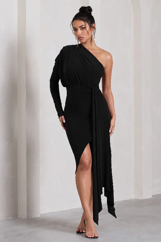 Contemporary Fashion Sale Catherine | Black One Sleeve Asymmetric Midi Dress With Statement Drape Casual Elegance