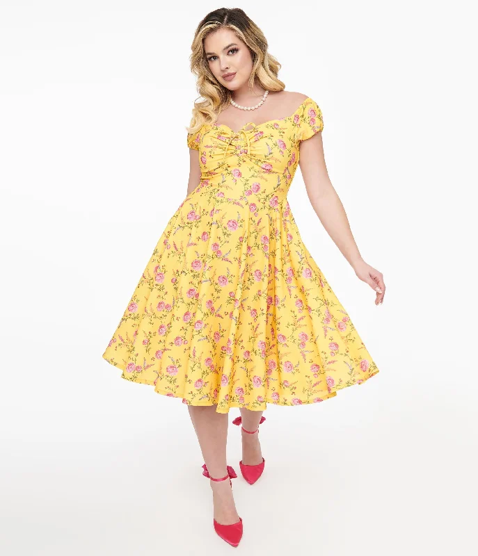 Affordable Trendy Fashion 1950s Yellow & Fuchsia Floral Victoria Swing Dress Elegant Details