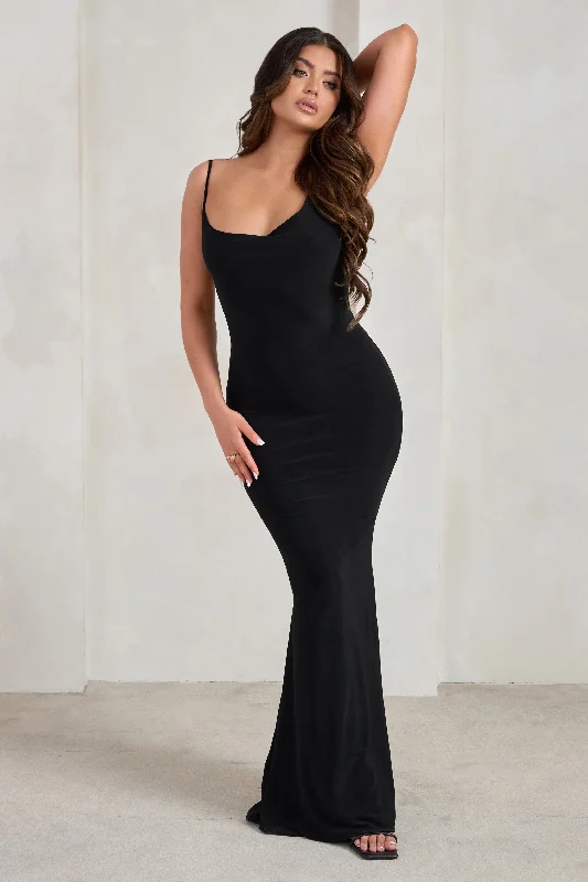 Latest Fashion Corinne | Black Asymmetric Cowl Neck Backless Maxi Dress Romantic Flair