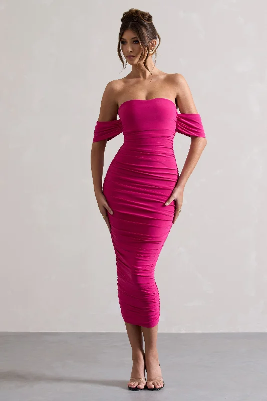 Luxury Fashion Discounts Lost For Words | Pink Bardot Ruched Draped Midi Dress Effortless Grace