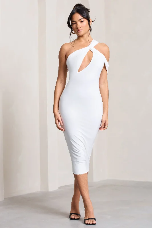 Chic Trend Collection Ella | White Asymmetric Neck Cut Out Midi Dress Soft Textures